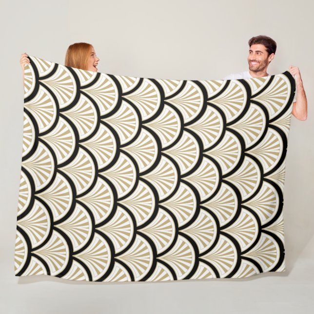 Beige and black art-deco florae pattern fleece blanket (In Situ)