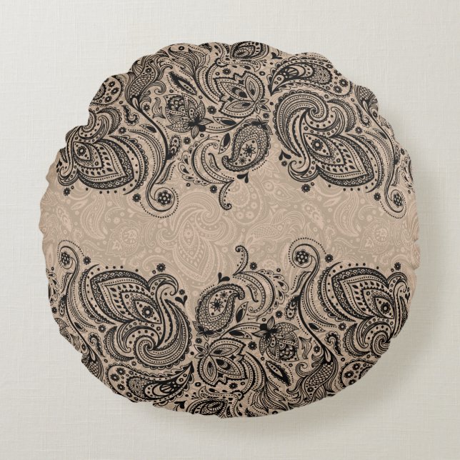 Beige And Black Paisley Lace Round Pillow (Front)