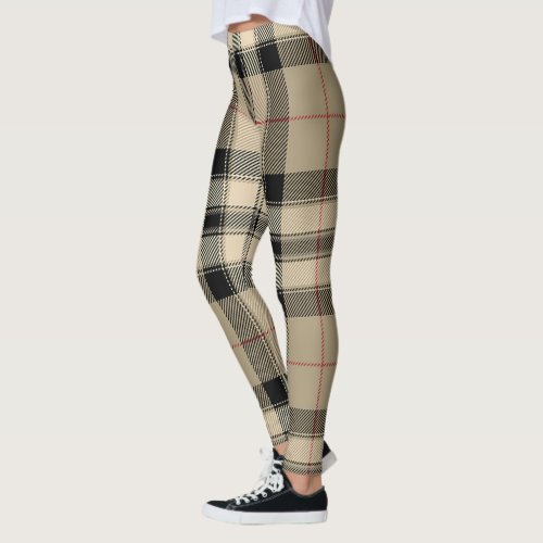 Beige And Black Plaid Designer Look Leggings