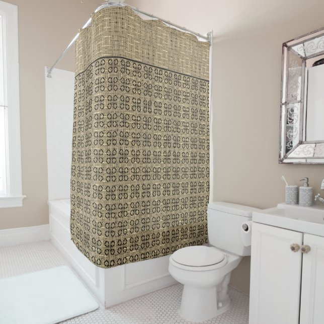 Beige and Black Weaved Pattern Shower Curtain (In Situ)
