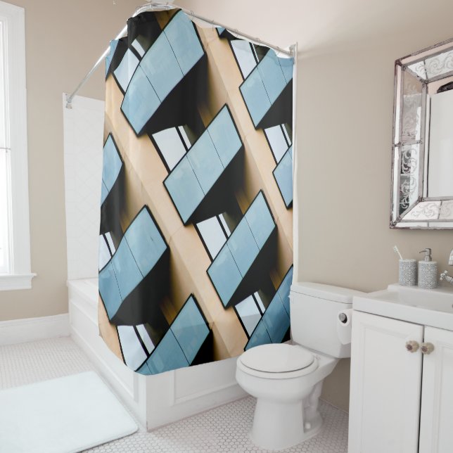 Beige and Blue Abstract Architecture Shower Curtain (In Situ)
