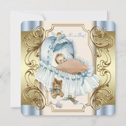 Beige and Blue Vintage Baby Boy Shower Personalized Invite