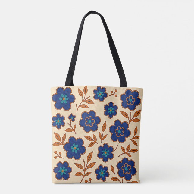 Beige and Blue Boho Floral Tote Bag (Back)