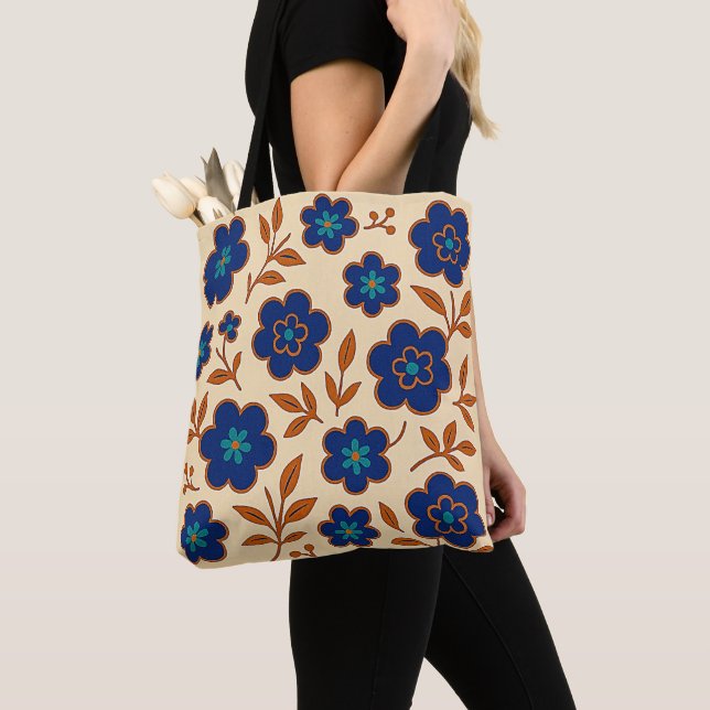 Beige and Blue Boho Floral Tote Bag (Close Up)