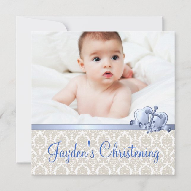 Beige and Blue Damask Boys Photo Christening Invitation (Front)