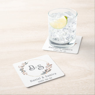 Beige and Blue Floral Custom Name Elegant  Square Paper Coaster