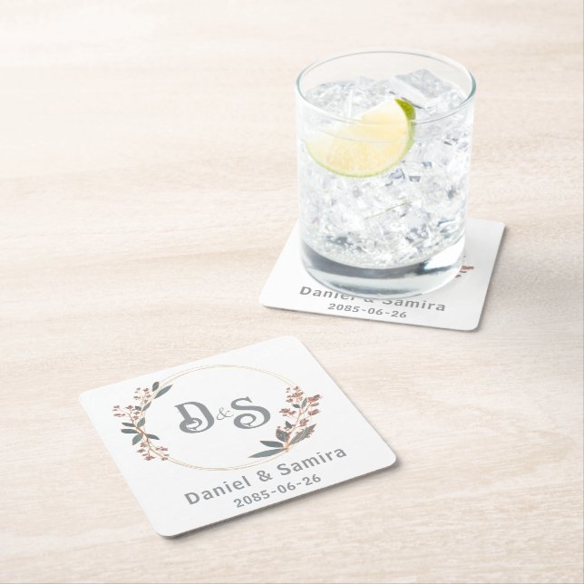 Beige and Blue Floral Custom Name Elegant  Square Paper Coaster (Insitu)