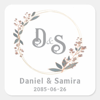 Beige and Blue Floral Custom Name Elegant  Square Sticker