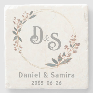 Beige and Blue Floral Custom Name Elegant  Stone Coaster