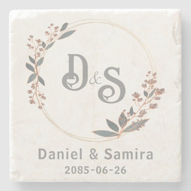 Beige and Blue Floral Custom Name Elegant  Stone Coaster (Front)