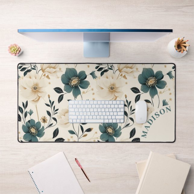 Beige and Blue Flowers  Desk Mat (Office 1)