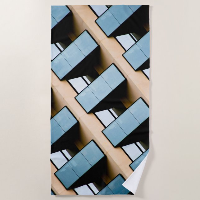 Beige and Blue Geometric Pattern Beach Towel (Front)