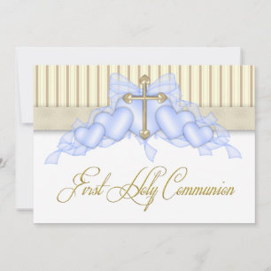 Beige and Blue Gold Cross Boys First Communion Invitation