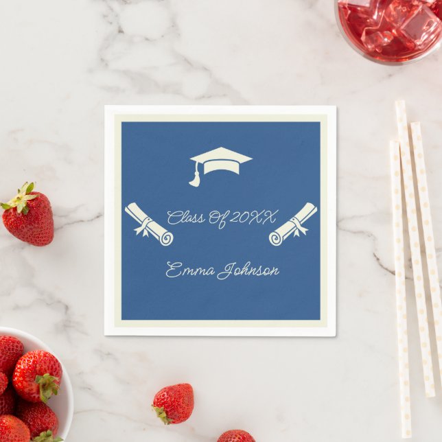 Beige And Blue Graduation Custom Paper Napkins (Insitu)