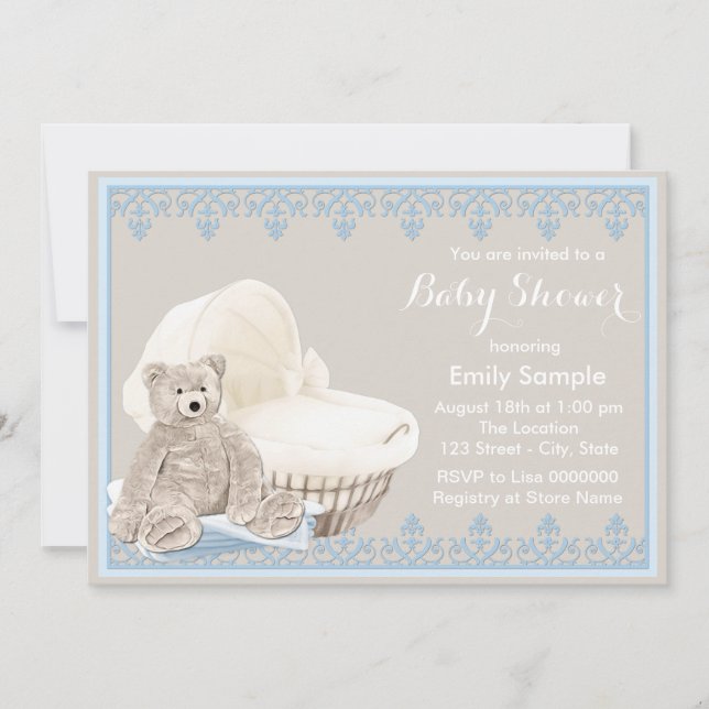 Beige and Blue Teddy Bear Baby Shower Invitation (Front)
