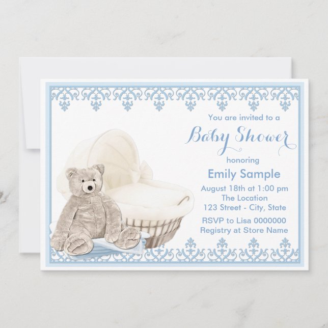 Beige and Blue Teddy Bear Baby Shower Invitation (Front)