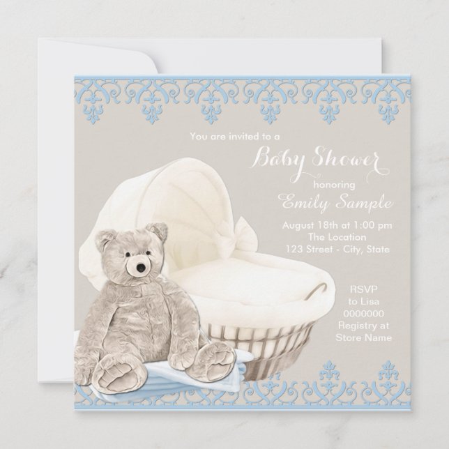 Beige and Blue Teddy Bear Baby Shower Invitation (Front)