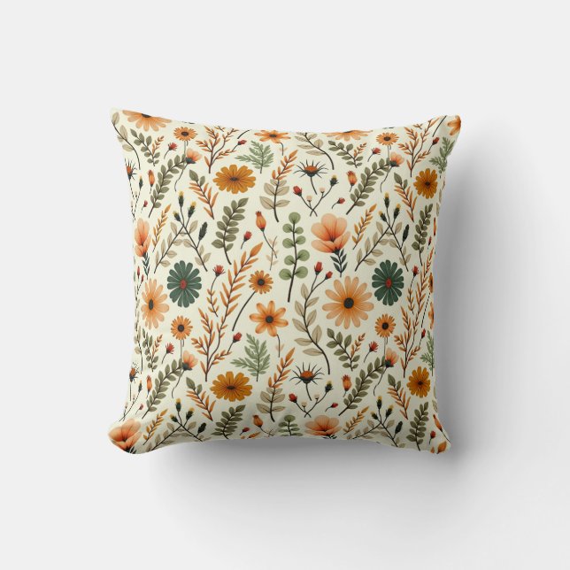 Beige and Brown Boho Flowers Throw Pillow (Front)