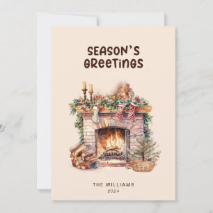 Beige and Brown Fireplace Flat Holiday Card