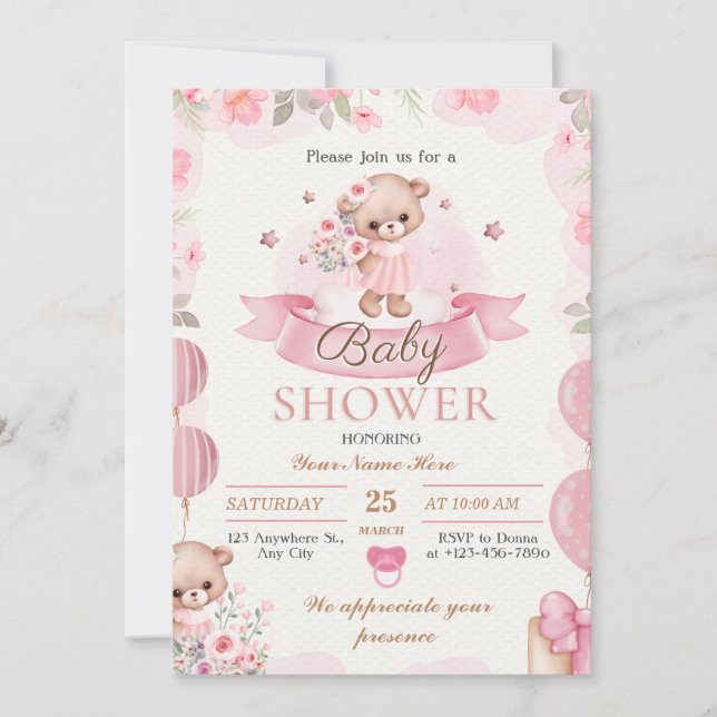 Beige and Brown Floral Baby Girl Shower Invitation (Front)