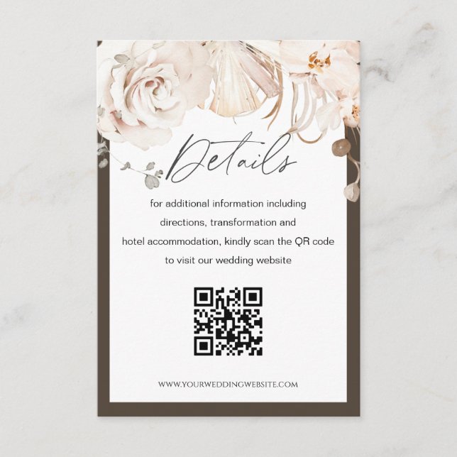 Beige and brown garden wedding QR code detail card (Front)