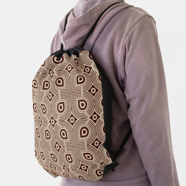 Beige And Brown Geometric Shapes Drawstring Bag (Insitu)
