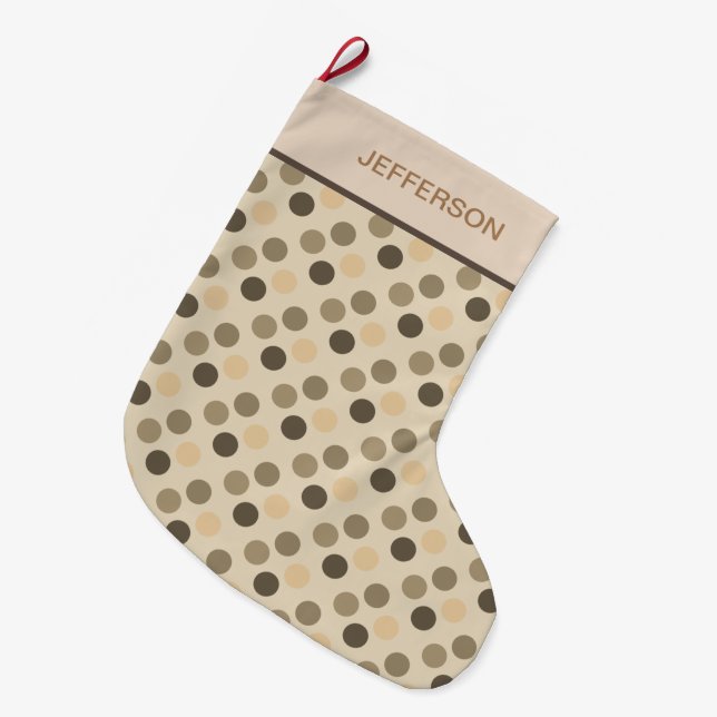 Beige and Brown Polka Dots Large Christmas Stocking (Front (Hanging))