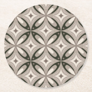 Beige and Brown Retro circular shapes Round Paper Coaster