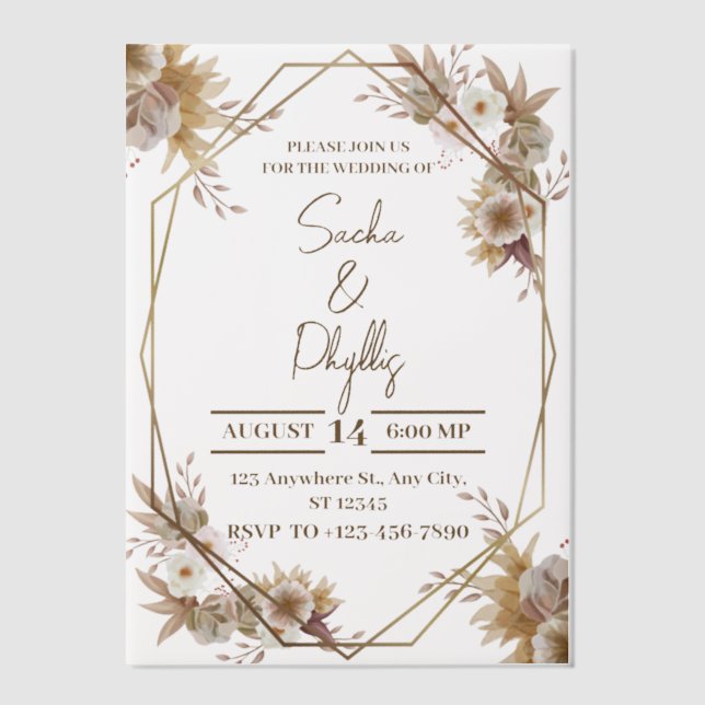 Beige and Brown Rustic Floral Wedding Vellum Invitations (Front)