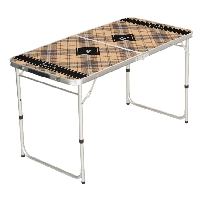 Beige and Brown Tartan Beer Pong Table (Angled)