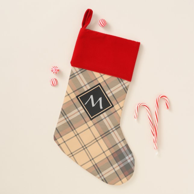 Beige and Brown Tartan Christmas Stocking (Front)
