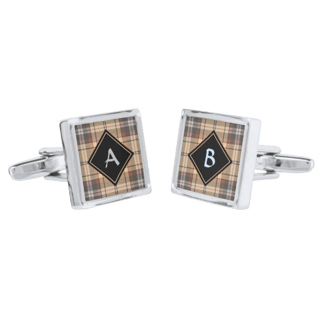 Beige and Brown Tartan Cufflinks (Angled)