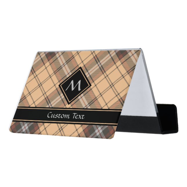 Beige and Brown Tartan Desk Business Card Holder (Angled Back)
