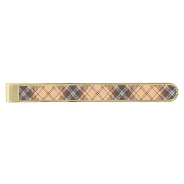 Beige and Brown Tartan Gold Finish Tie Bar (Front)