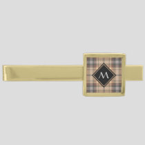 Beige and Brown Tartan Gold Finish Tie Bar