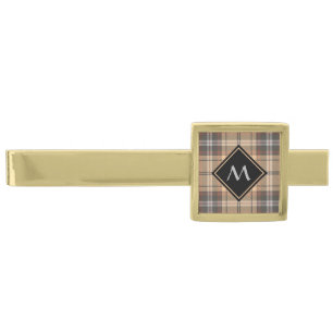 Beige and Brown Tartan Gold Finish Tie Bar