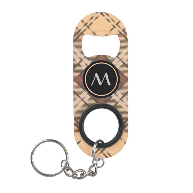 Beige and Brown Tartan Keychain Bottle Opener (Front)