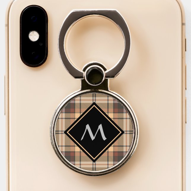 Beige and Brown Tartan Phone Ring Stand (Close Up)