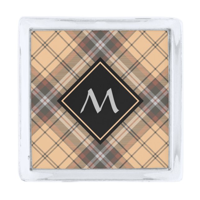 Beige and Brown Tartan Silver Finish Lapel Pin (Front)