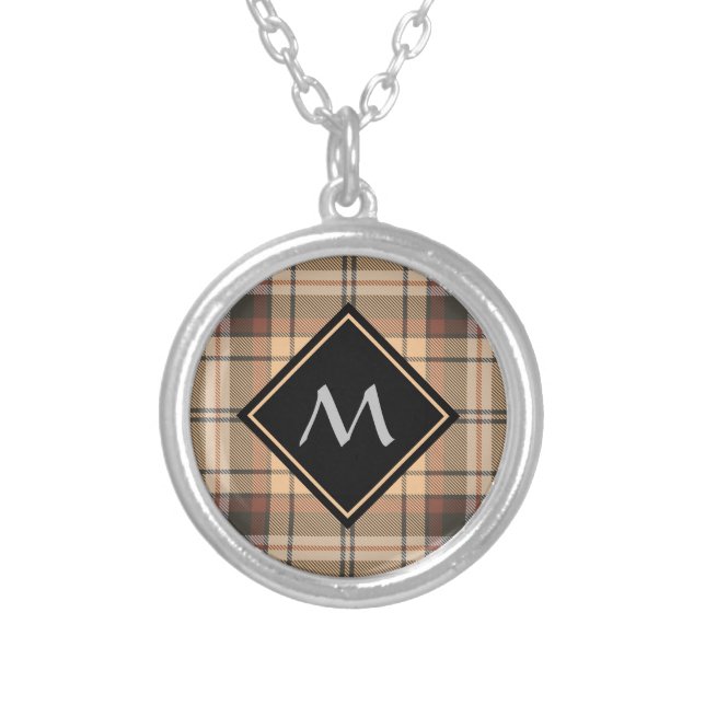 Beige and Brown Tartan Silver Plated Necklace (Front)