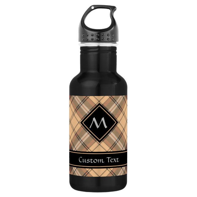 Beige and Brown Tartan Stainless Steel Water Bottle (Front)