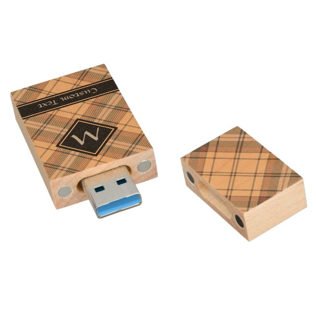 Beige and Brown Tartan Wood Flash Drive (Angled)