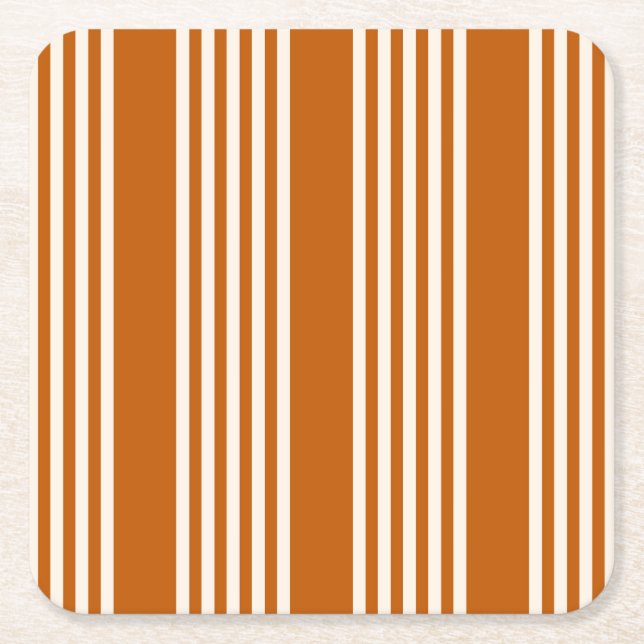 Beige and burnt orange five stripe pattern square paper coaster (Front)