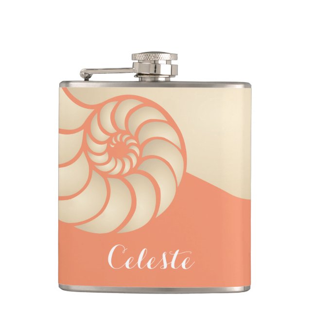 Beige and Coral Nautilus Shell with Monogram Flask (Front)