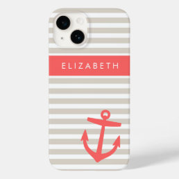Beige and Coral Stripes Anchor Monogram Case-Mate iPhone 14 Case