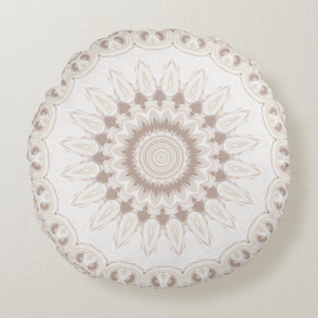 Beige and Cream Mandala Pattern Round Pillow (Front)