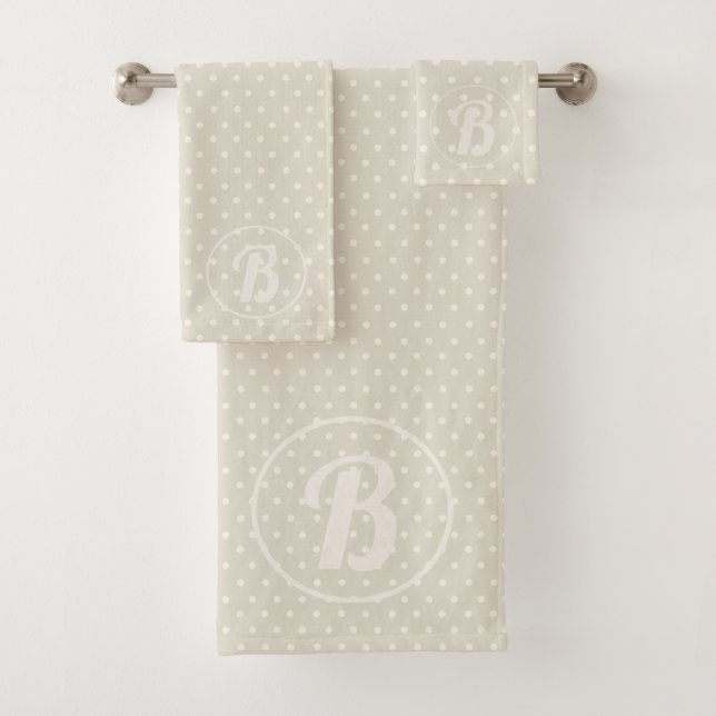 Beige and Cream Polka Dot Monogram Bath Towel Set (Insitu)