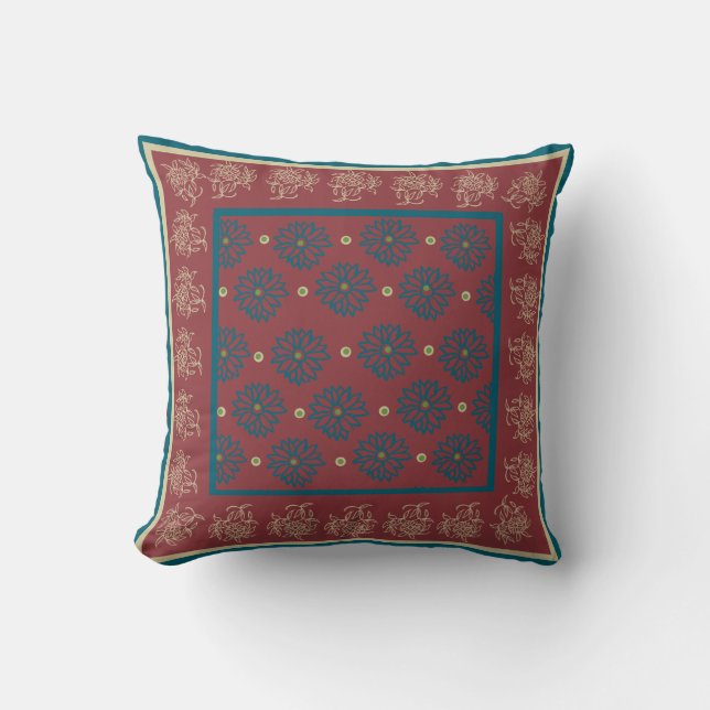 Beige and Dark Blue Oriental Floral on Maroon Throw Pillow (Front)