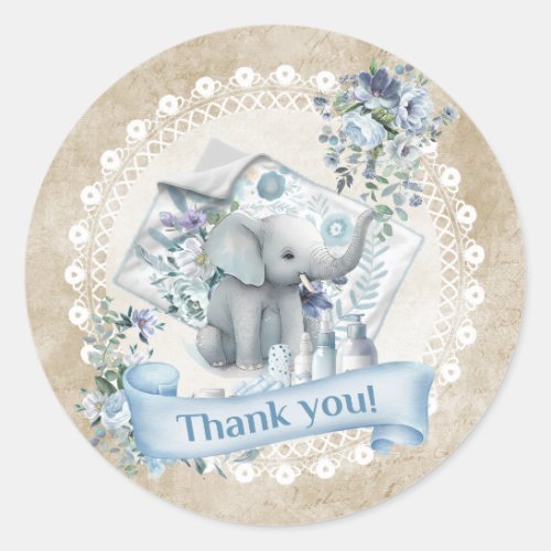 Beige and Dusty blue flowers elephant boy birthday Classic Round Sticker