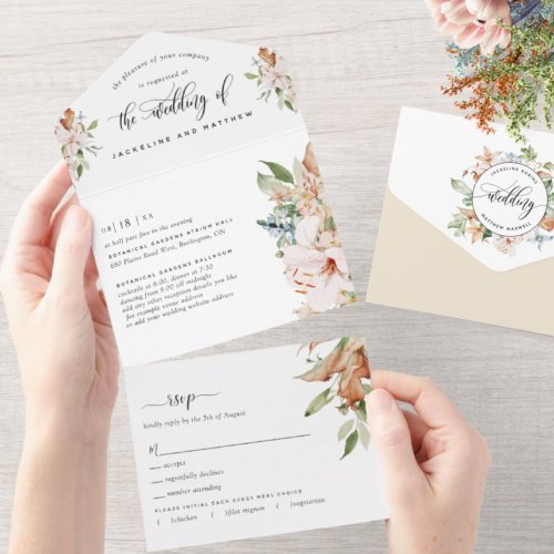 Beige and Earthy Blooms Wedding Tear Off RSVP All In One Invitation